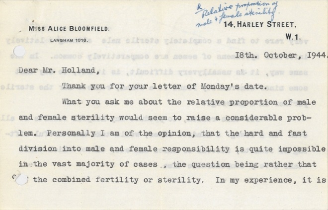Alice Bloomfield's letter on male and female infertility to the RCOG's Human Fertility Sub-committee in 1944.